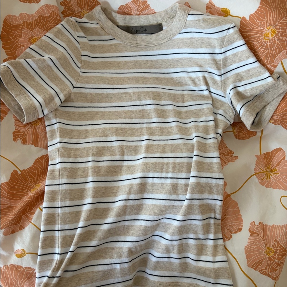 Enza Costa Striped Short Sleeve Tee, Beige & White